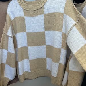 Khaki Checkered Bishop Sleeve Sweater